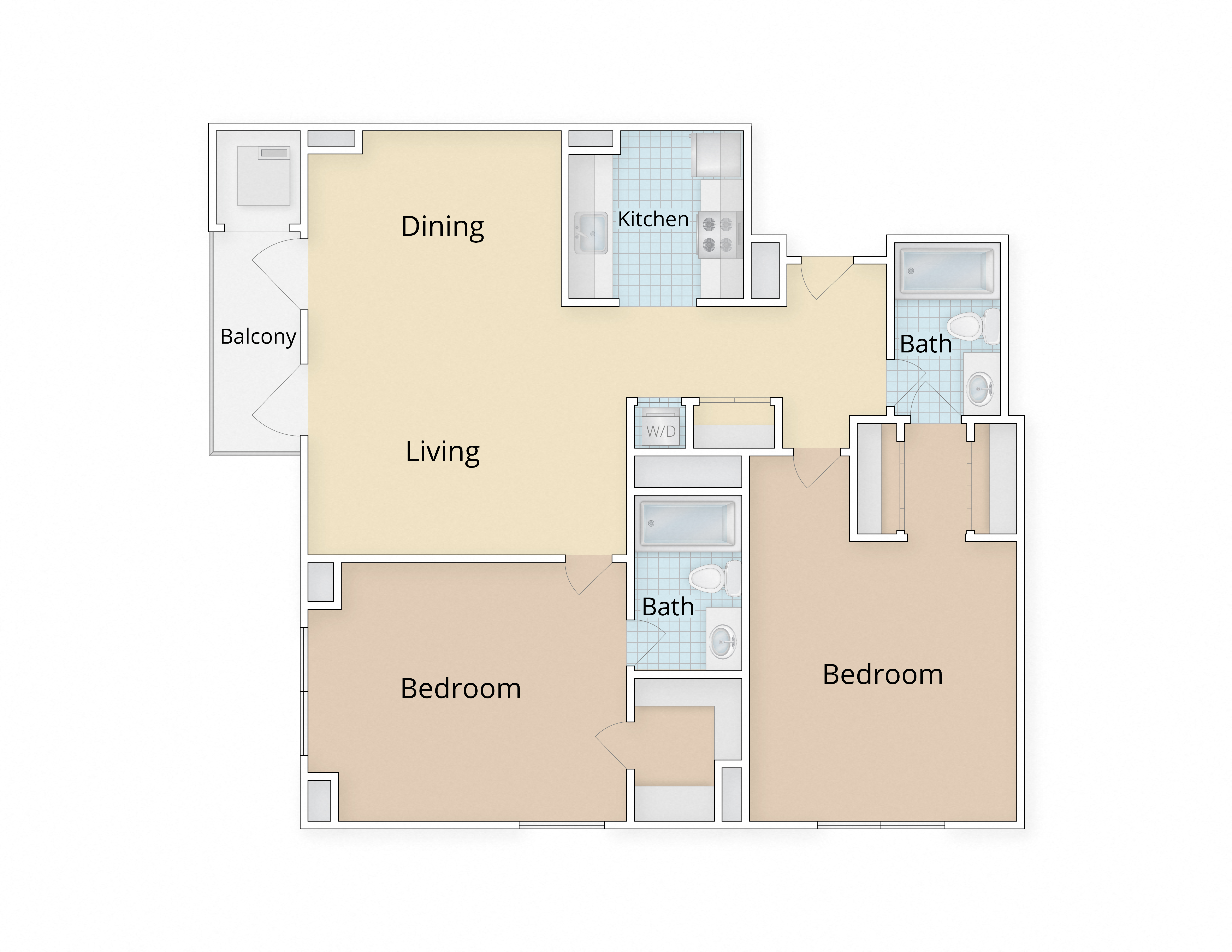 Floor plan for 2 beds, 2 baths, 1022 sqft